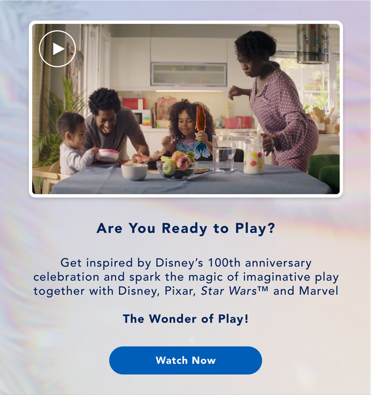Are you ready to play? Get inspired by Disney 100 years celebration and spark the magic of imaginative play together with Disney, Pixar, Star Wars(TM), and Marvel The Wonder of Play! Watch Now