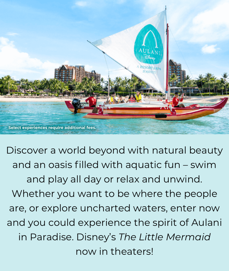 Discover a world beyond with natural beauty and an oasis filled with aquatic fun — swim and play all day or relax and unwind. Whether you want to be where the people are, or explore uncharted waters, enter now and you could experience the spirit of Aulani in Paradise. Disney's The Little Mermaid makes a splash in theaters on May 26, 2023.