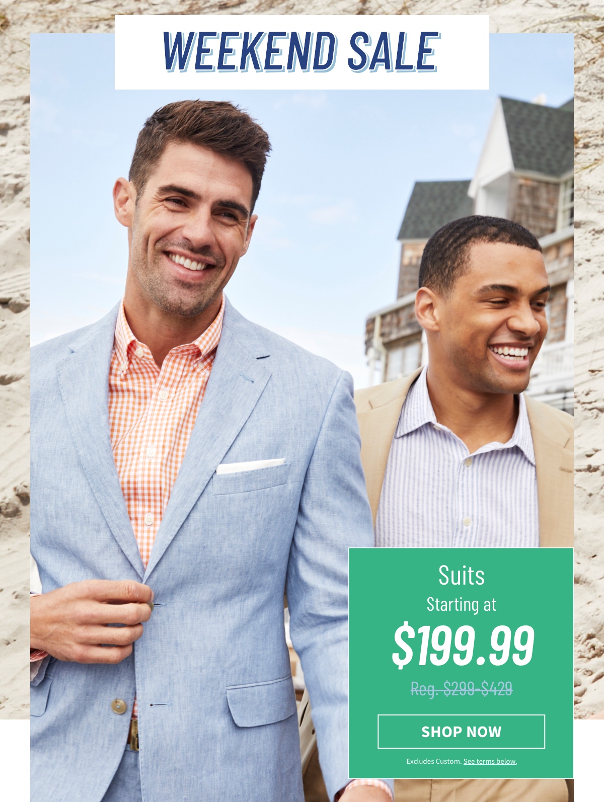 two men smiling standing next to each other, man on left in blue sportscoat with an orange dress shirt undereneath and man on right with khaki sports coat and light dress shirt underneath