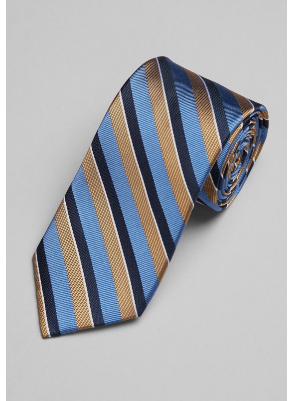 blue, black, and gold striped tie