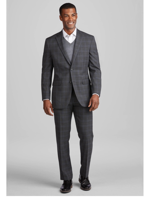 man in gray plaid suit