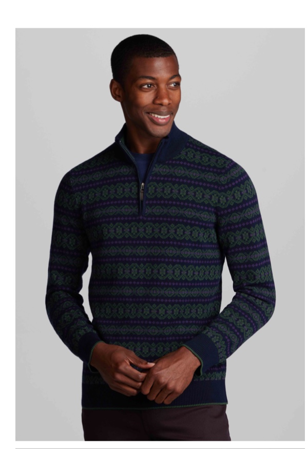 man in dark blue and green cable knit sweater