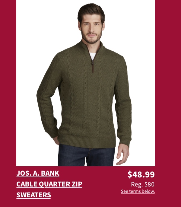 Jos. A. Bank Cable Quarter Zip Sweaters $48.99 Reg. $80 See terms below.