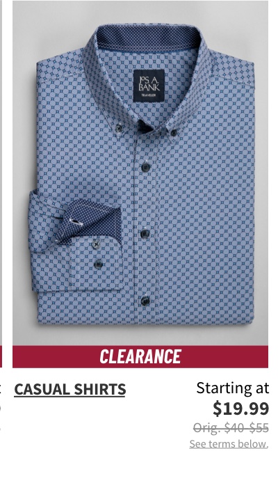 Clearance Casual Shirts Starting at $19.99 Orig. $40-$55 See terms below.