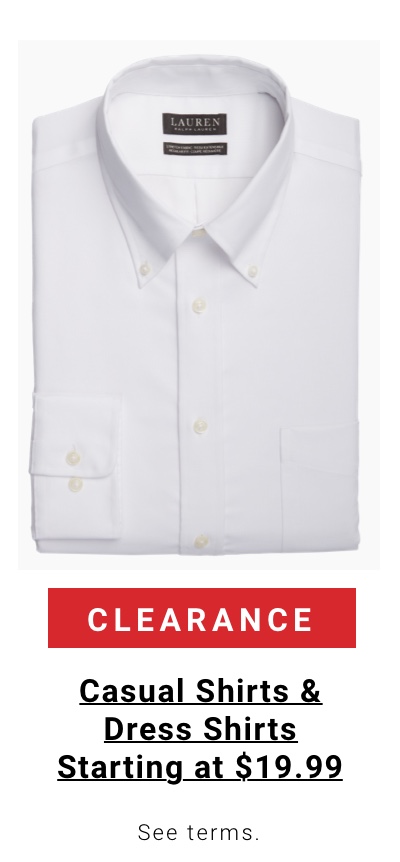 Clearance casual and dress shirts starting at $19.99