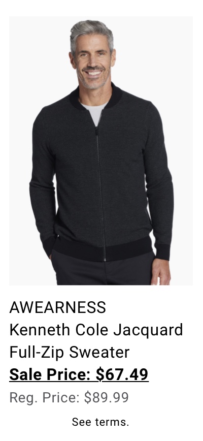 AWEARNESS Kenneth Cole Jacquard Full-Zip Sweater Sale Price: $67.49 Reg. Price: $89.99